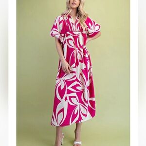 Gigio Boutique Brand Pink and White Puff Sleeve Midi Dress